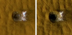  Ο παραπάνω κρατήρας με διάμετρο 12 περίπου μέτρων δημιουργήθηκε από την πρόσκρουση ενός μετεωρίτη μεταξύ 3 Ιουλίου 2004 και 28 Ιουνίου 2008 (© NASA/JPL-Caltech/University of Arizona).